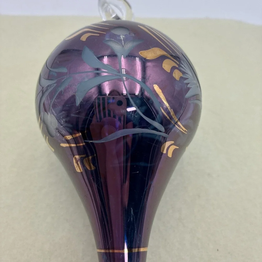 Vintage Purple Iridescent Hand Blown Glass Teardrop Ornament Gold Floral 8.5